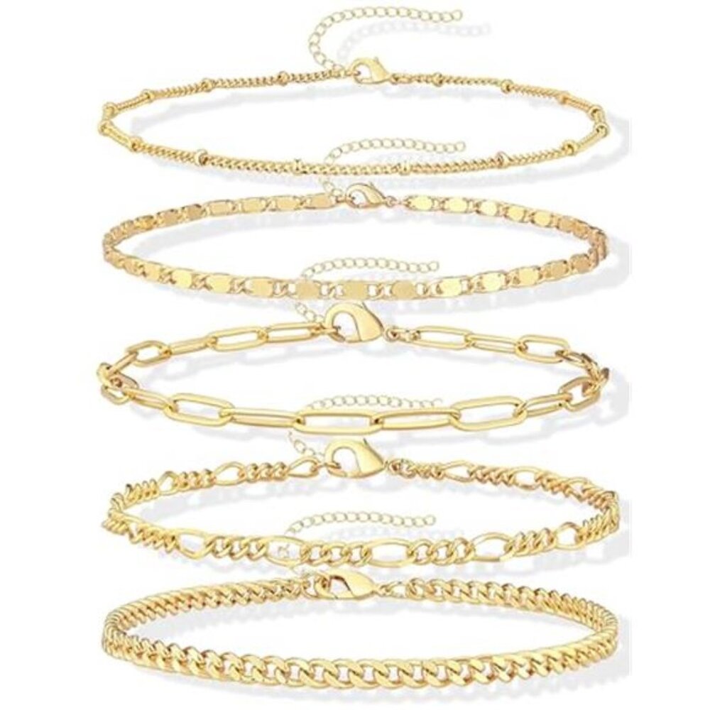 Gold Layered Bracelet Set 5 Chain Stackable Dainty Adjustable Womens Jewelry